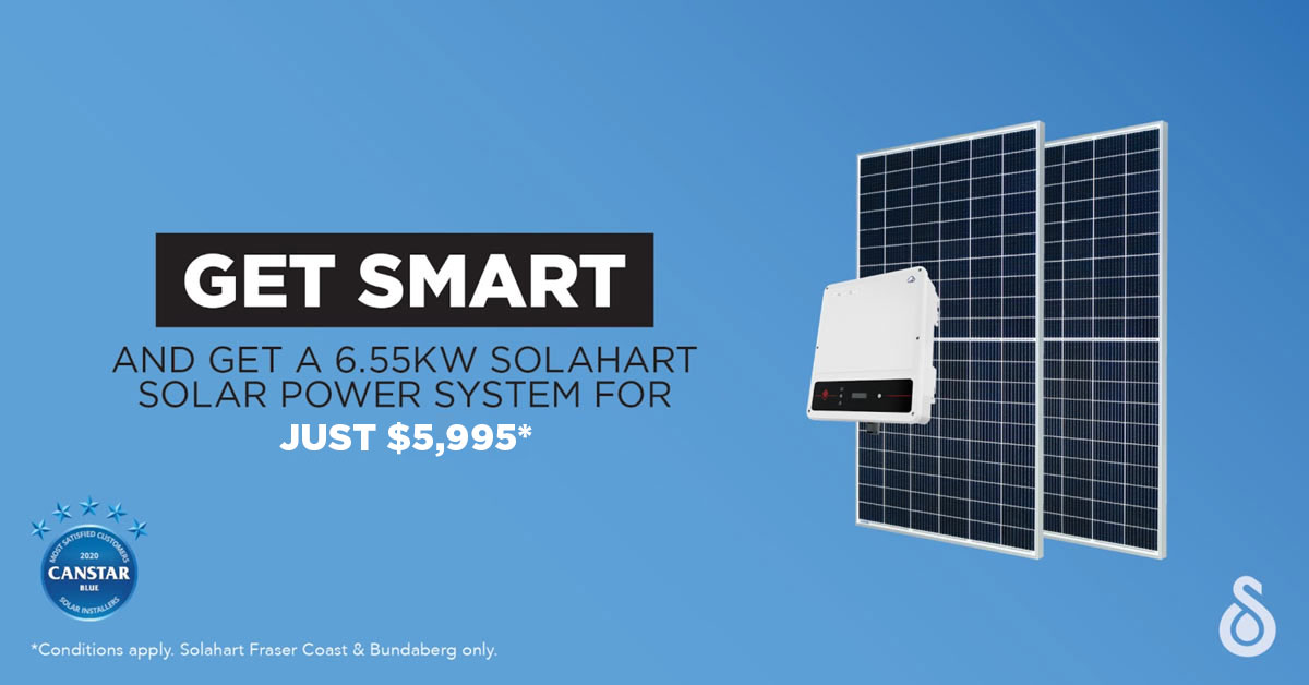 Get a 6.55kW solar power system installed by Solahart Hervey Bay from $5,995*. Conditions apply, get in touch for full details.